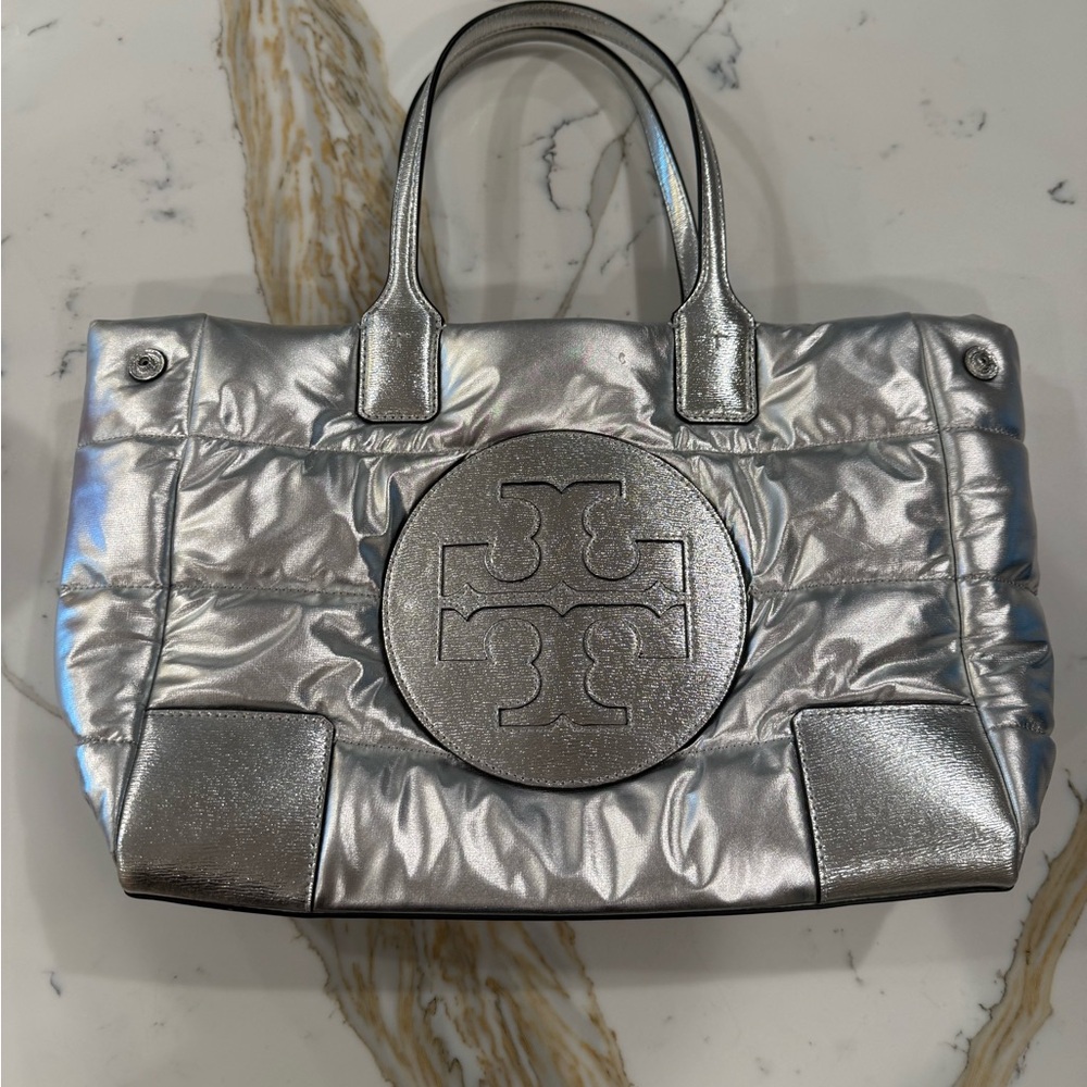 Tory Burch Metallic Silver Ella Puffer Tote